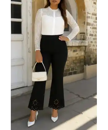 Kadın Yüksek Bel Paçaya Doğru Genişleyen Lazer çiçek Kesim Detaylı Ithal Krep Pantolon