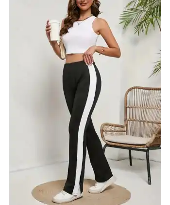 Kadın Yüksek Bel Yan şerit Detaylı Yırtmaçlı Viskon Iki Iplik Pantolon