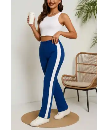 Kadın Yüksek Bel Yan şerit Detaylı Yırtmaçlı Viskon Iki Iplik Pantolon