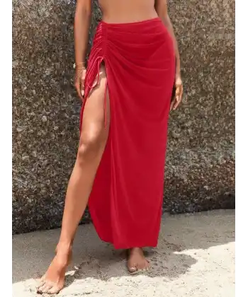 Kadın Yüksek Bel Yandan Büzgülü Uzun Tül Detaylı Pareo