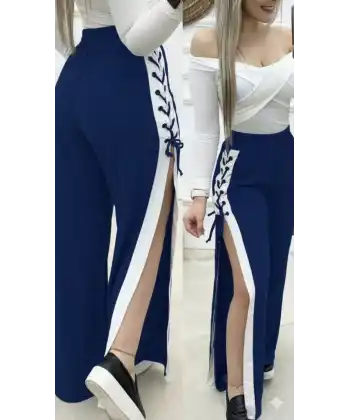 Kadın Yüksek Bel Yandan çapraz Bağcıklı Yırtmaçlı Viskon Iki Iplik Pantolon