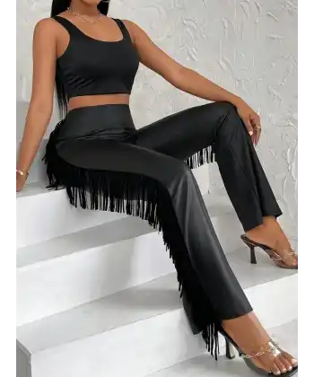 Kadın Yüksek Bel Yanlardan Püsküllü Deri Pantolon