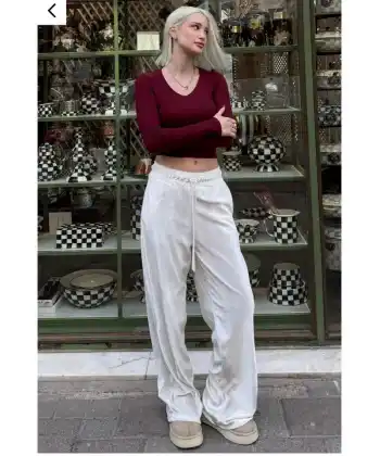 Kadın Yüksek Ben Beli Lastik Detay Kadife Kumaş Bol Paça Pantolon