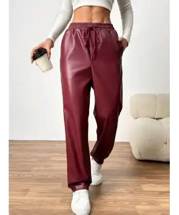 Kadın Yüksel Bel Bağcıklı Deri Pantolon