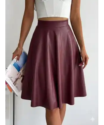 Kadın Yüksel Bel Deri Kloş Etek