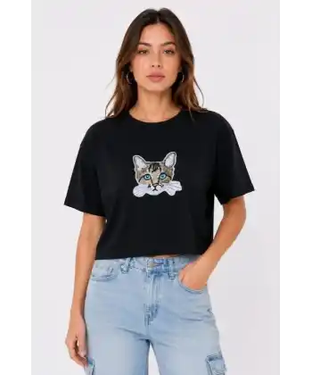 Kedi Baskılı Oversize Crop Tişört Salaş Basic Yarım Kol T-shirt - Siyah