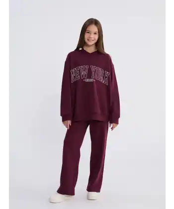 Kids Bordo Polo Yaka 3 İplik New York Baskılı Kız Çocuk Sweatshirt Ve Eşofman Takım