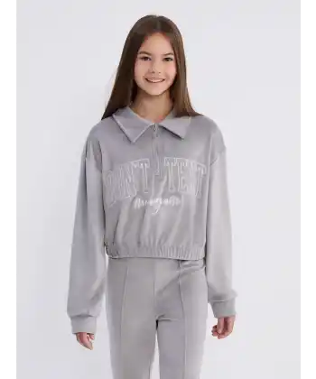 Kids Gri Kadife Kumaş Polo Yaka Kız Çocuk Sweatshirt Ve Tayt 2li Takım