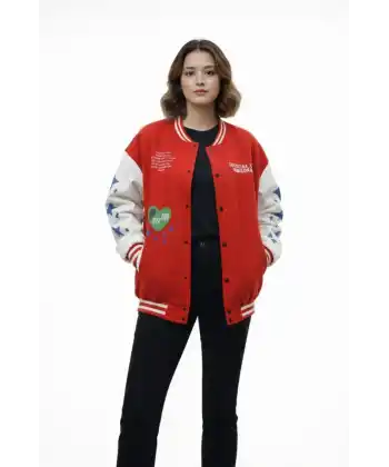 Kırmızı Varsity Çıtçıtlı Baskılı Oversize Kalıp Kolej Ceket - Kırmızı