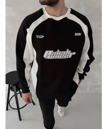 Kışlık Nakış İşlemeli Bisiklet Yaka Parçalı SweatShirt - Siyah