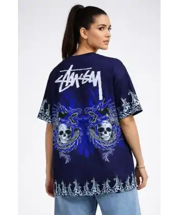 Lacivert Oversize Tişört Dragon - Kuru Kafa Baskılı Bisiklet Yaka T-Shirt - Lacivert