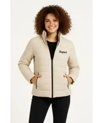 Mikro Su İtici Kapitone Baskılı Astarlı Fermuarlı Bomber Mont - Bej