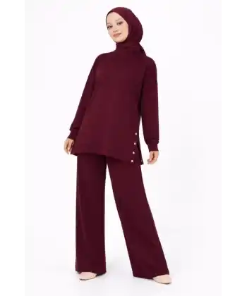 Osy Modal Yumuşak Dokulu Kumaş Modern Tesettür Takım Yandan Metal Çıtçıtlı Uzun Tunik Pantolon Set Salaş Kalıp - Bordo