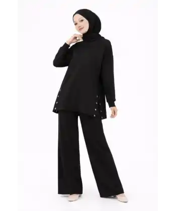 Osy Modal Yumuşak Dokulu Kumaş Modern Tesettür Takım Yandan Metal Çıtçıtlı Uzun Tunik Pantolon Set Salaş Kalıp - Siyah