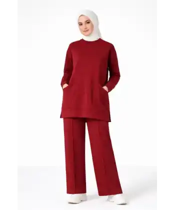 Osy Modal Yumuşak Dokulu Kumaş Tesettür Cepli Tunik Pantolon Takım - Bordo