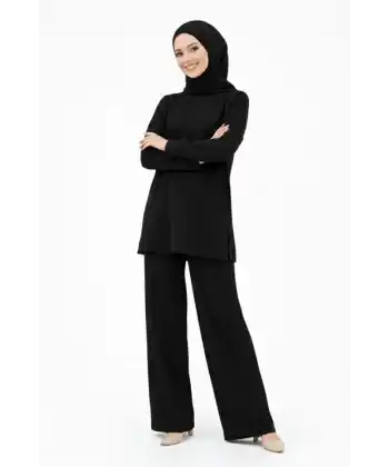 Osy Modal Yumuşak Dokulu Tesettür İkili Takım Yan Yırtmaçlı Uzun Tunik Ve Düz Paça Pantolon, Salaş Kalıp - Siyah