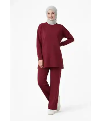 Osy Modal Yumuşak Dokulu Tesettür İkili Takım Yan Yırtmaçlı Uzun Tunik Ve Düz Paça Pantolon, Salaş Kalıp - Bordo
