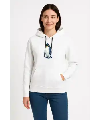 Oversize Hoodie - Sırt Baskılı Survivor Penguin Temalı, Felsefi Yazılı Kapüşonlu Sweatshirt - Beyaz
