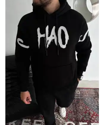 Oversize Kapşonlu Baskılı SweatShirt - Siyah