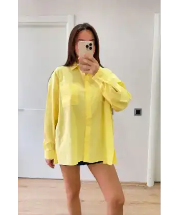 Oversize Pens Detaylı Cepli Yırtmaçlı Rahat Kalıp Poplin Gömlek - Sarı