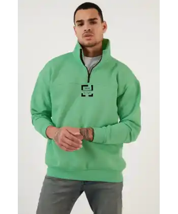 Oversize Yarım Farmuarlı Yakalı Özel Tasarım Basic SweatShirt - Açık Yeşil