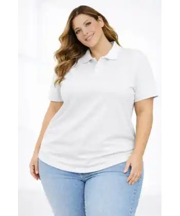 Pike Kumaş Düğmeli Yaka Battal Büyük Beden Günlük Kısa Kol Tişört T-shirt - Beyaz