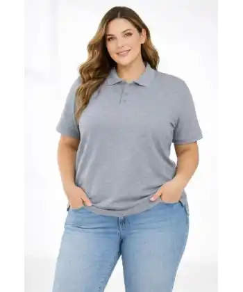 Pike Kumaş Düğmeli Yaka Battal Büyük Beden Günlük Kısa Kol Tişört T-shirt - Gri