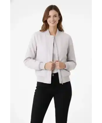 Premium Bomber Ceket Çıtçıt Kapamalı, Ribana Manşetli, Astarlı, Regular Fit Mont - Beyaz