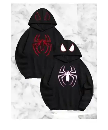 Sevgili Çift Kombini Örümcek Baskılı Kapüşonlu Sweatshirt Hoodie - Siyah