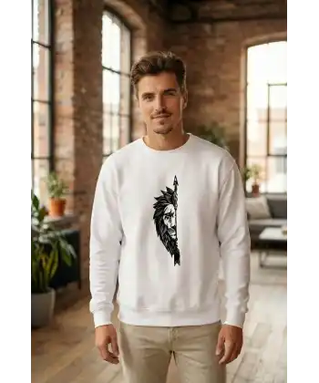Sevgililer Günü Özel Bisiklet Yaka Aslan Baskılı Oversize Sweatshirt - Beyaz