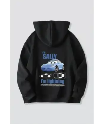 Sevgililer Günü Özel Kapüşonlu Araba Baskılı Oversize Sweatshirt - Siyah