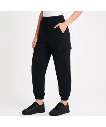 Siyah Jogger Eşofman Altı Rahat Kalıp, Kargo Cepli,  Lastikli Paça, Günlük Spor Pantolon - Siyah