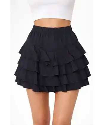 Siyah Katlı Mini Fırfıtlı Etek Lastikli Yüksel Bel, Volanlı Tasarım, Rahat Kalıp, Günlük Ve Şık Kombinelere Uygun Yazlık Etek - Siyah