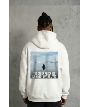Siyah Oversize Hoodie - Sırt Baskılı Survivor Penguin Temalı, Felsefi Yazılı Kapüşonlu Sweatshirt - Beyaz