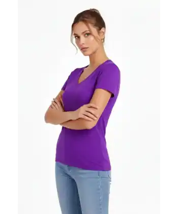 T-Shirt V Yaka Slim Fit Likralı Tişört Günlük Basic Body - Mor