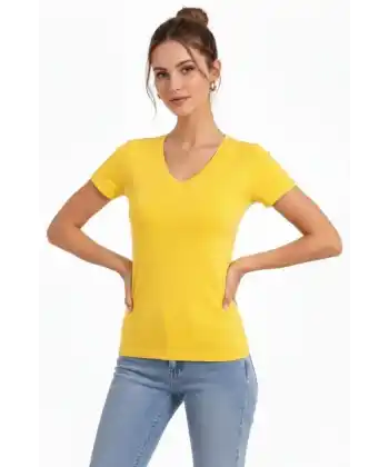 T-Shirt V Yaka Slim Fit Likralı Tişört Günlük Basic Body - Sarı