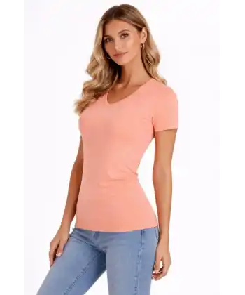 T-Shirt V Yaka Slim Fit Likralı Tişört Günlük Basic Body - Toz Pembe
