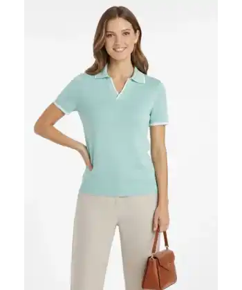 Triko Kumaş Yakalı Düğmesiz Açık Yaka Fitilli Kısa Kollu Regular Fit Tişört T-shirt - Mint Yeşili