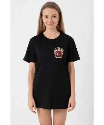 Türk Arma Baskılı Oversize Bisiklet Yaka Günlük T-shirt - Siyah