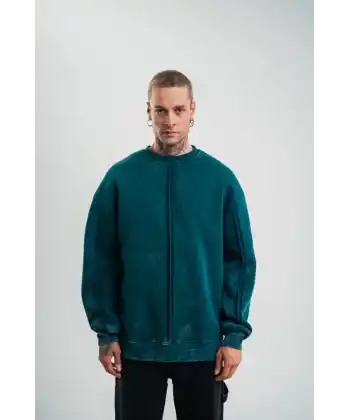 Unisex Bisiklet Yaka Özel Pis Dikişli Yıkamalı SweatShirt - Koyu Deniz Yeşili