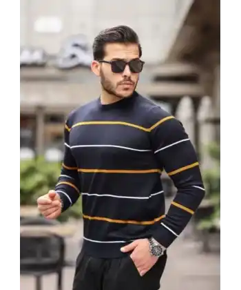 Unisex İnce Çizgili Bisiklet Yaka Triko Kazak - Siyah