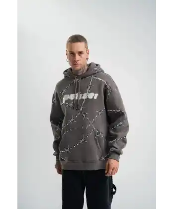 Unisex Kapşonlu Varak Ve Pano Baskılı SweatShirt - Füme