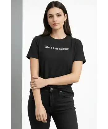 Wafıl Kumaş Tişört Regular Kalıp Bisiklet Yaka Baskılı Günlük Basic T-Shirt - Siyah
