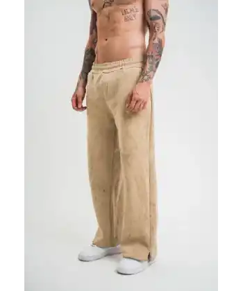 Yırtmaç Detaylı Boru Paça Baggy Eşofman Pantolon - Bej