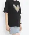 14 Şubat Sevgililer Günü Leopar Kalp Baskılı Oversize Bisiklet Yaka T-shirt - Siyah