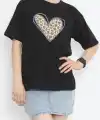 14 Şubat Sevgililer Günü Leopar Kalp Baskılı Oversize Bisiklet Yaka T-shirt - Siyah