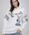 3 İplik Pamuklu Kapüşonlu Baskılı SweatShirt Hoodie - Beyaz