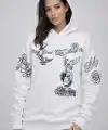 3 İplik Pamuklu Kapüşonlu Baskılı SweatShirt Hoodie - Beyaz
