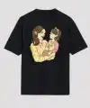 Anneler Günü Hediye Anne Kız Temalı Baskılı Oversize Bisiklet Yaka T-shirt - Siyah