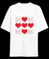 Anneler Günü Hediye MOM Kalp Baskılı Oversize Bisiklet Yaka T-shirt - Beyaz